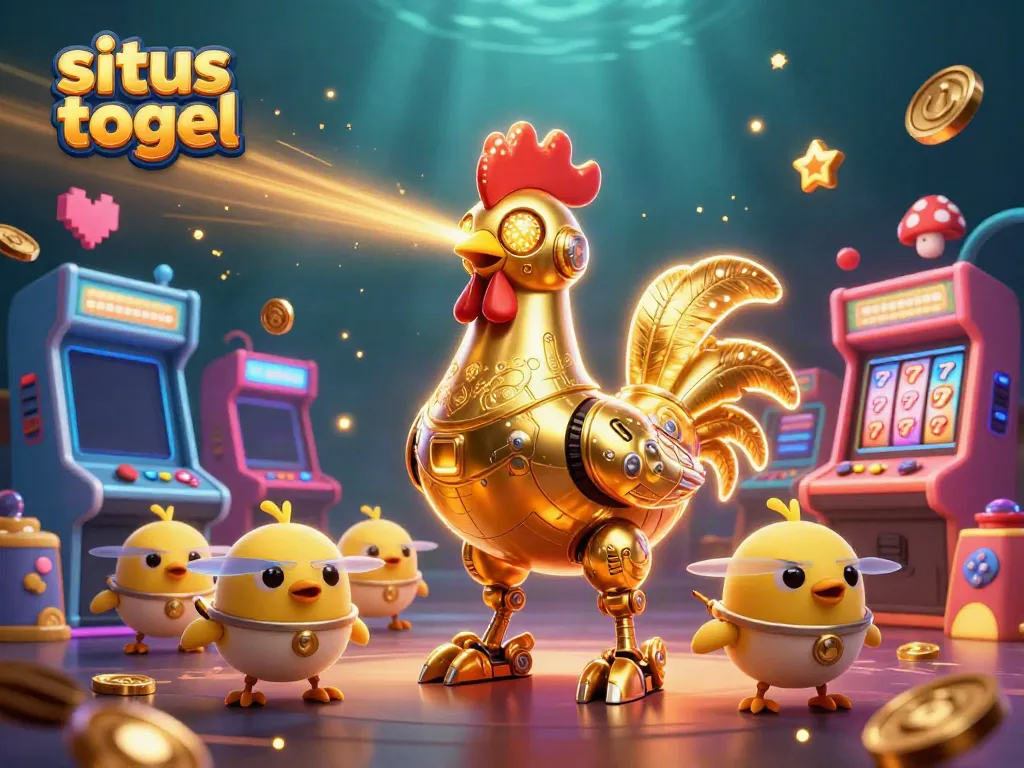 Experience a vibrant scene of situs togel excitement with a golden rooster robot and baby chick drones.