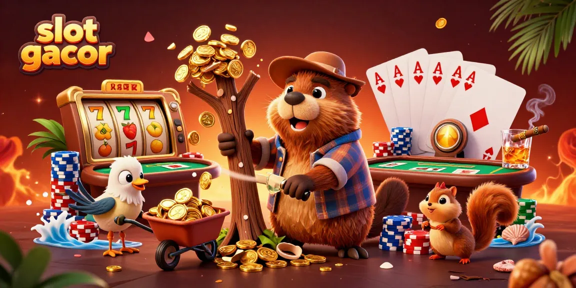 Experience slot gacor action with a beaver collecting golden coins amidst vibrant casino elements.