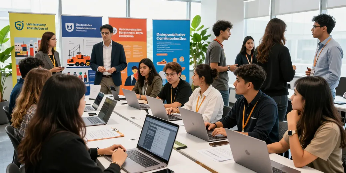 University and trade schools graduates networking at a vibrant event, showcasing their skills and opportunities.