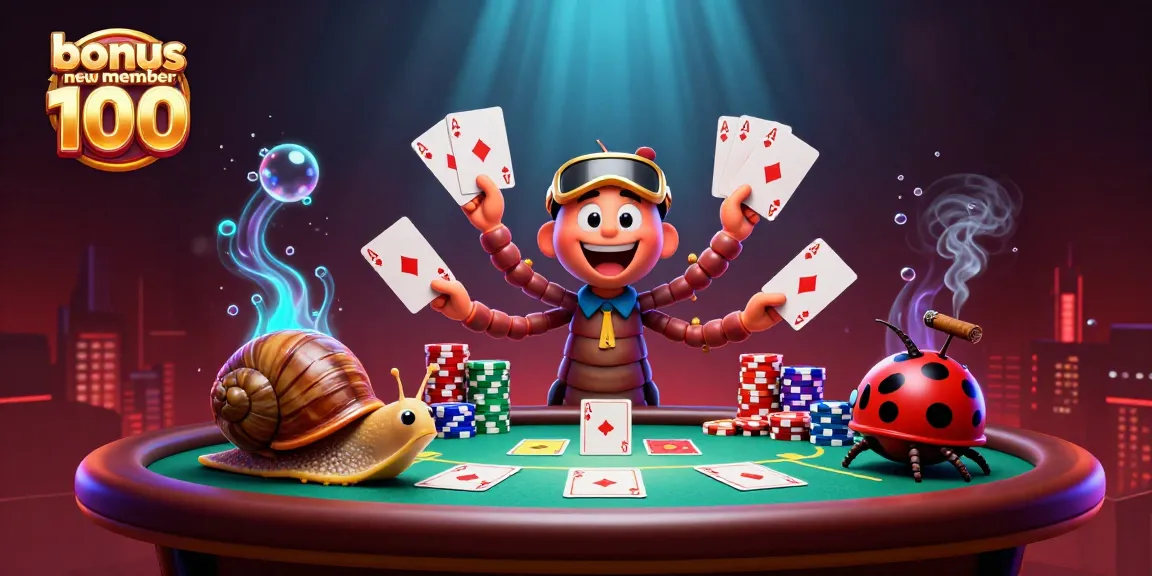 Mainkan bonus new member 100 dalam ilustrasi kasino penuh warna dengan dealer unik dan chip besar.