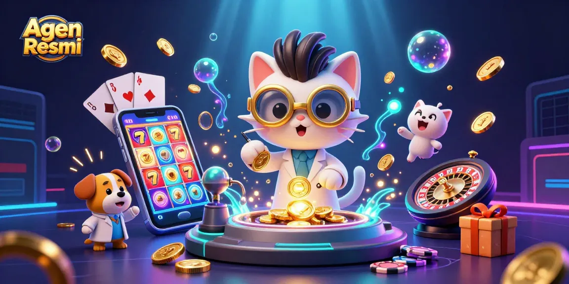 Agen Resmi showcases a playful illustration of a mad scientist cat and dog, dynamic casino game elements, and gold coins.
