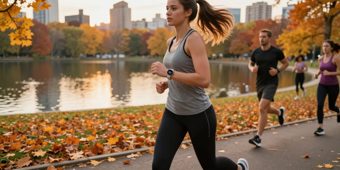 Jam tangan Fitbit Luxe di pergelangan wanita muda yang sedang berlari di taman, menciptakan suasana sehat dengan latar alami.