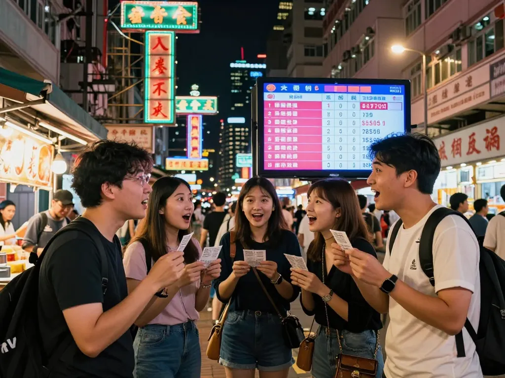 Excitement in Hong Kong as friends watch live HK lottery results, vibrant street food culture shines.
