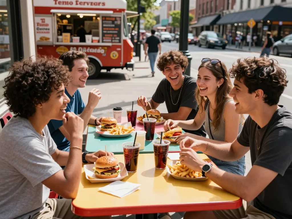 Friends enjoying diverse fast food prices at a vibrant urban table during lunch.