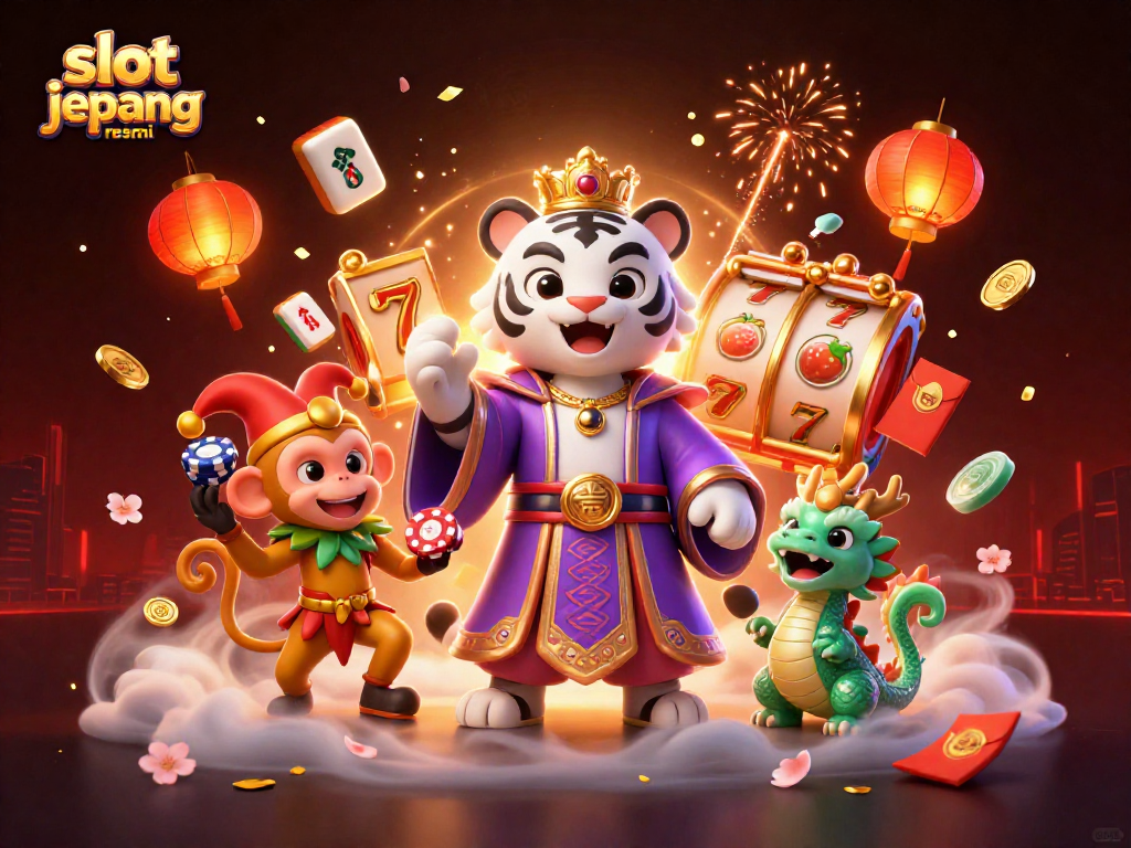 Engage with slot jepang resmi in an energetic 3D casino illustration showcasing vibrant characters and game elements.