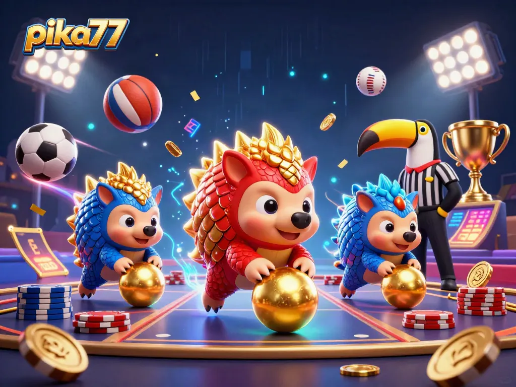 Engage with hilarious pangolins in a vibrant pika77 casino adventure featuring poker chips and sports excitement!