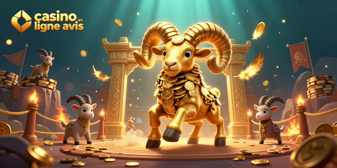 Illustration captivante présentant un ram doré dans un casino en ligne avis dynamique, entouré de particules scintillantes et d'effets de feu.