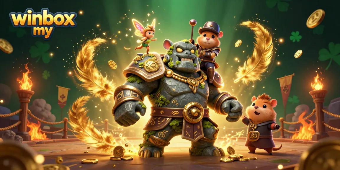 Winbox my features dynamic gaming characters in an action-packed casino scene with vibrant elements.