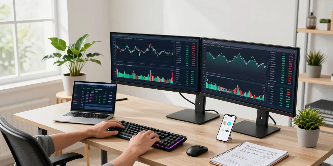 Safe cloud mining service analysis displayed on dual monitors in a bright home office