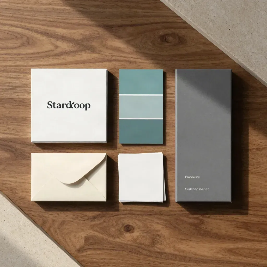 Top-down flat lay of a startup identity kit on warm wood with teal swatches and export box.