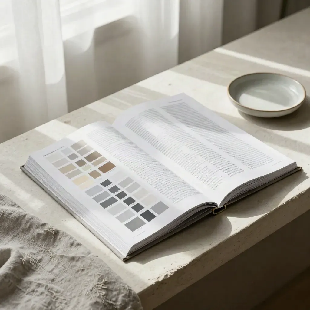 Overhead style guide with color chips and linen cloth on a pale plaster bench in soft morning light.