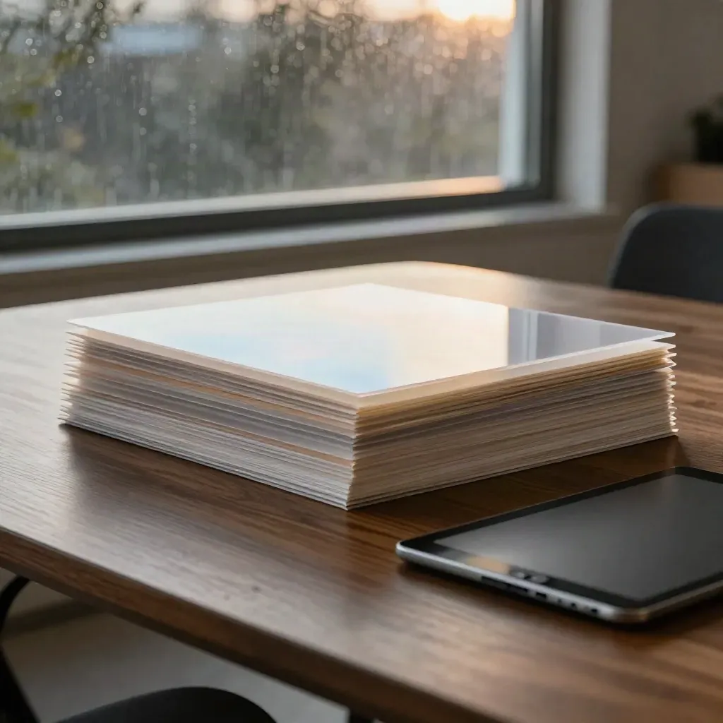 Pitch deck boards and tablet by a rain-dark window, caught in sunset light.