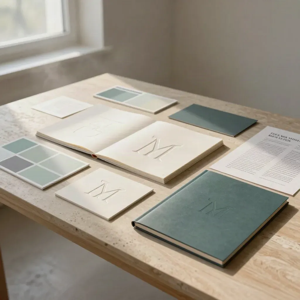 Moody brand identity boards, style sheets and packaging mockup on stone and wood at sunrise.