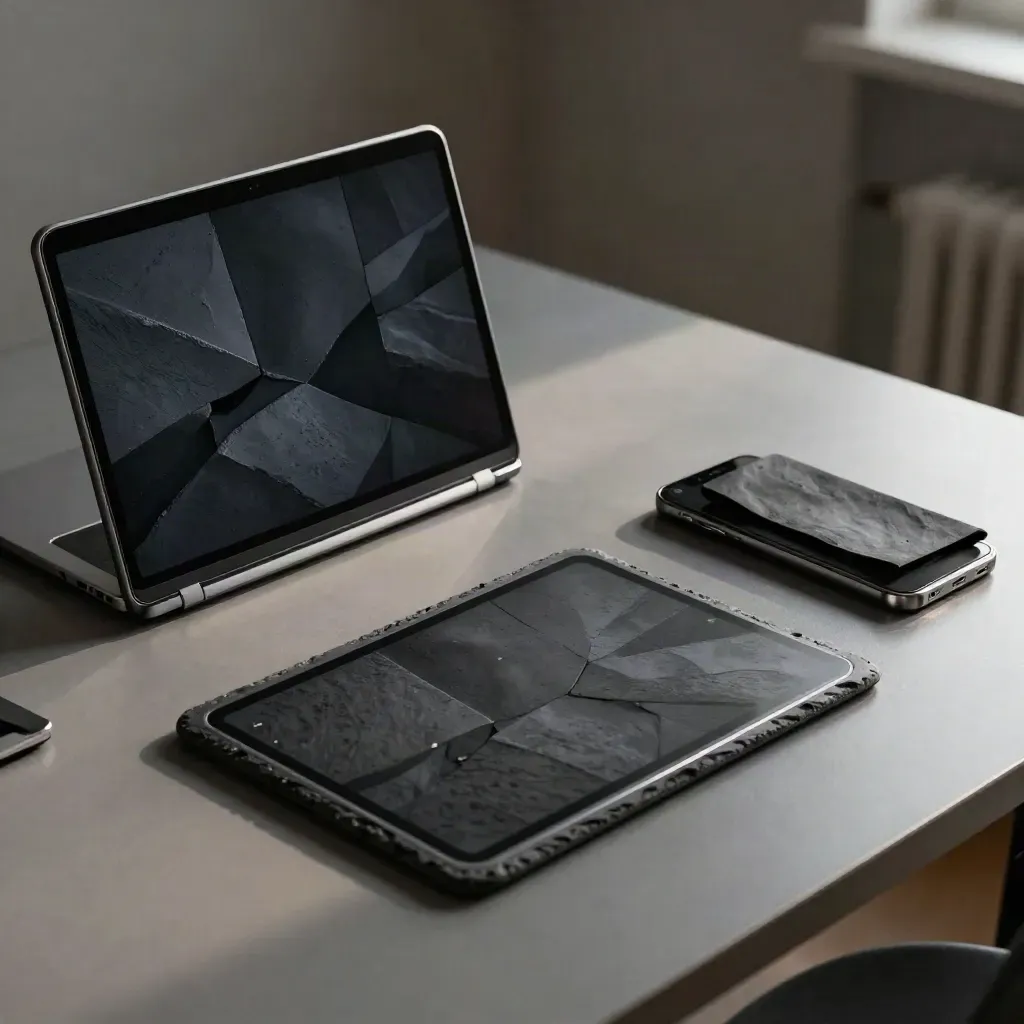 Dark mode web kit on a graphite desk with laptop, tablet, and phone in cinematic low light.