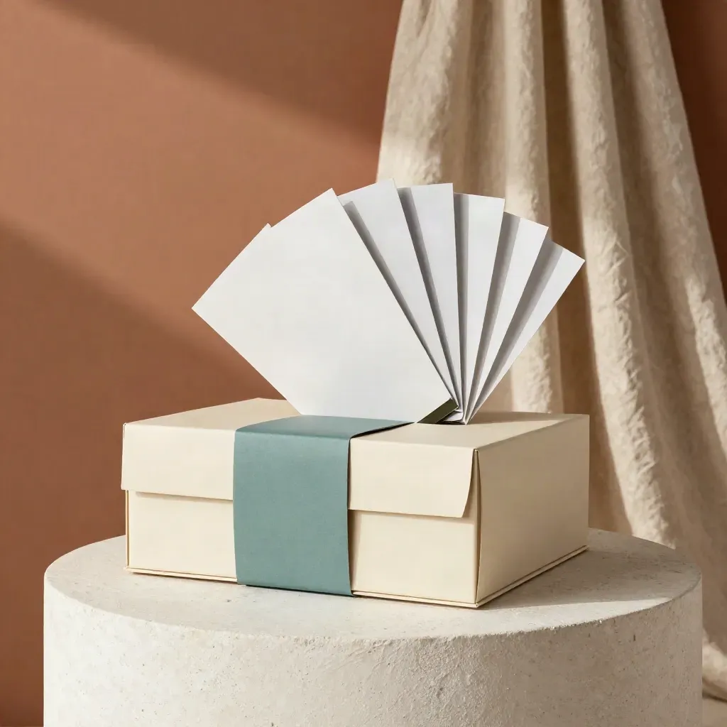 Packaging mockup board with a box, pouch, inserts and label wrap on a plaster pedestal in warm light
