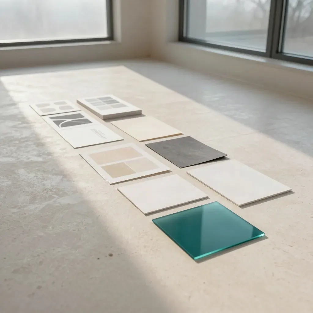 Identity system pieces laid out on a plaster floor with soft morning light and teal accents.