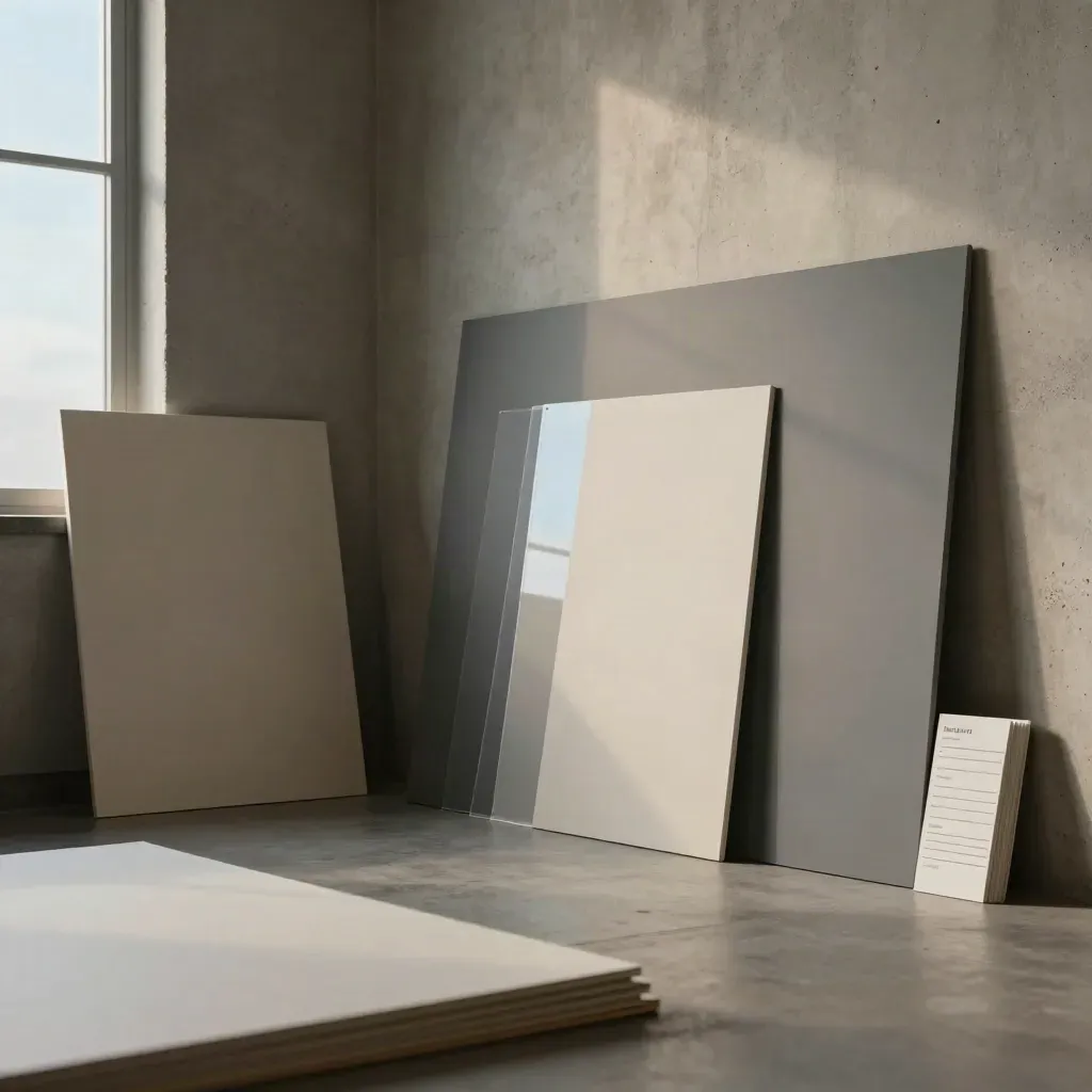 Presentation boards and translucent overlays leaning against concrete in side light
