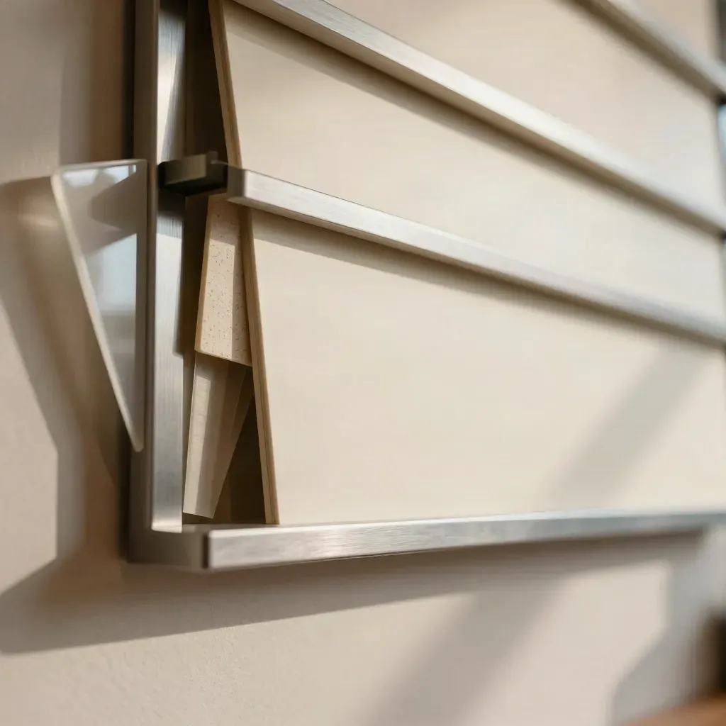 Extreme close-up of cafe menu board panels and metal bracket in a quiet interior.