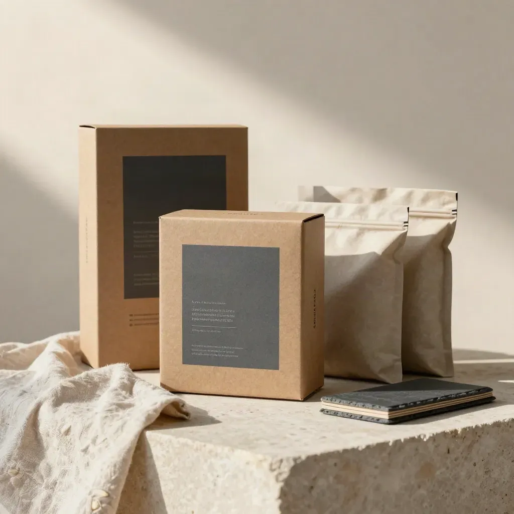 Packaging mockups on pale stone with boxes, pouches, wrap labels, and folded cloth in warm afternoon light.