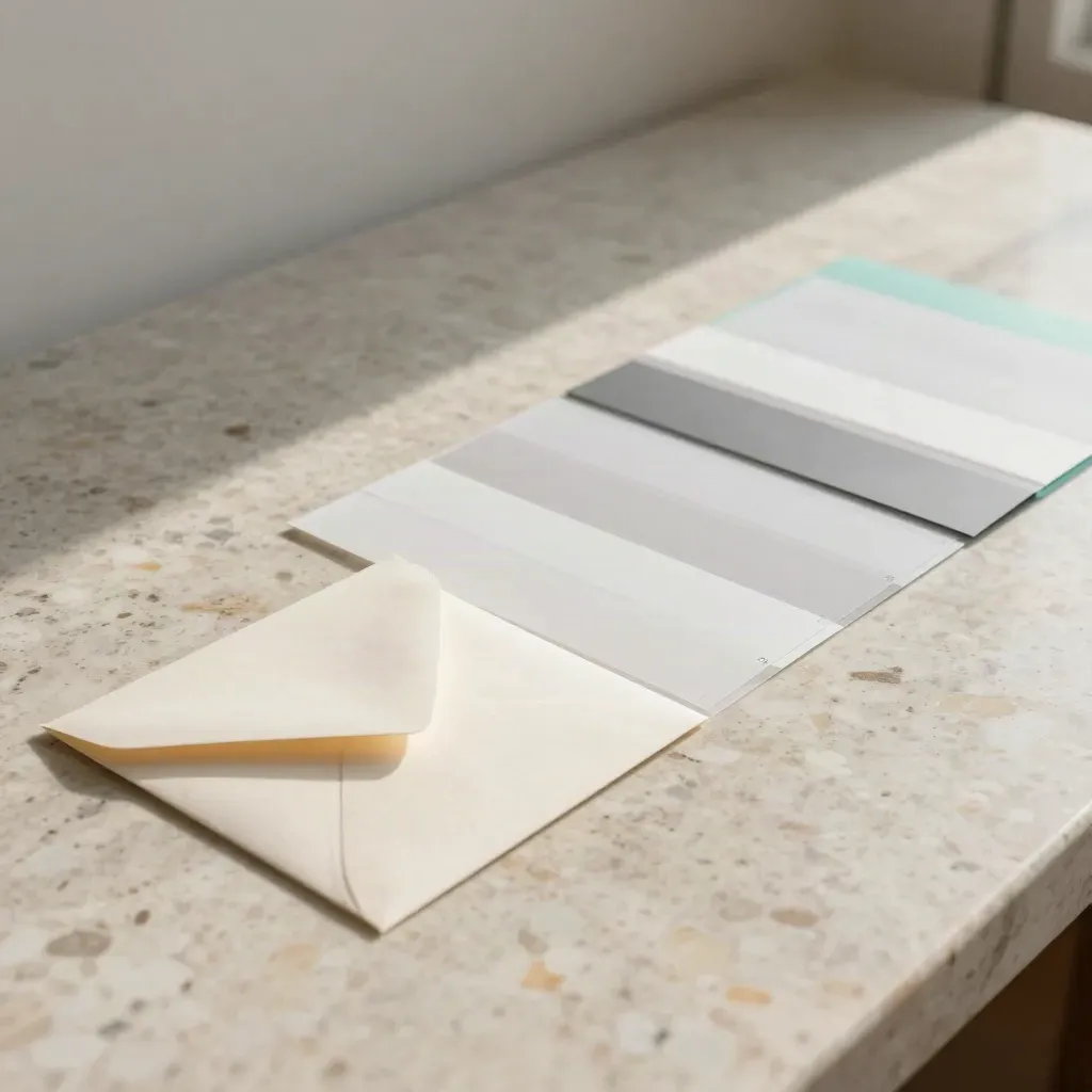 Email header mockups and export sleeve on a travertine table under raking light with teal glow.