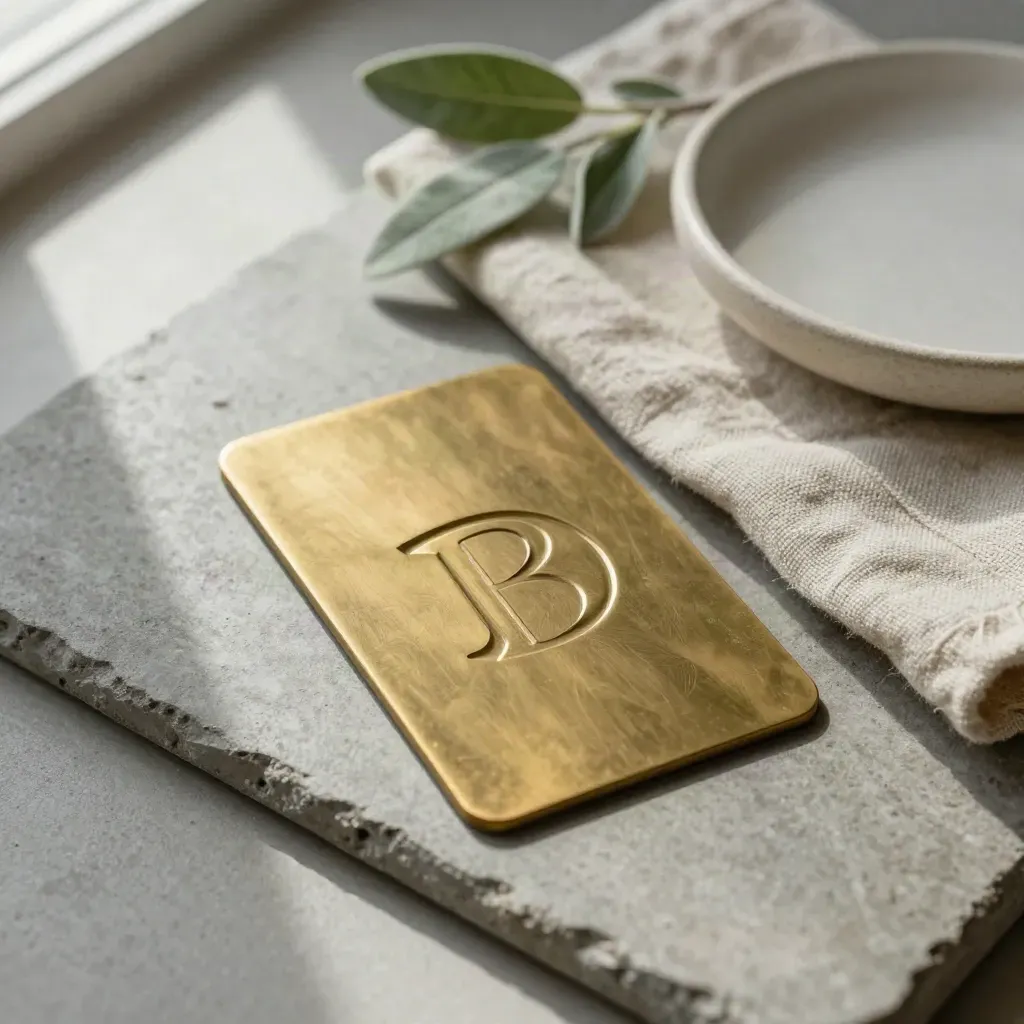 Brass logo specimen card with linen, greenery, and ceramic dish on concrete.