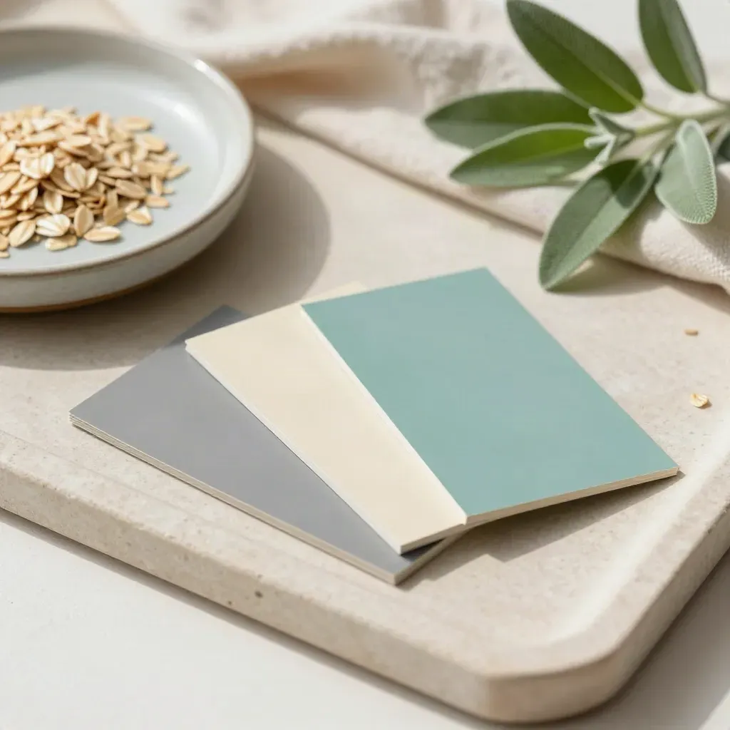 Three matte swatches, ceramic dish, folded cloth and clipped plant on a stone tray.
