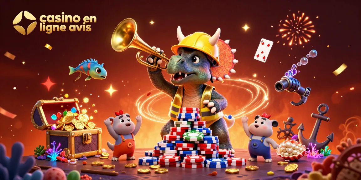 Illustration de casino en ligne avis avec un triceratops et un parasaurolophus célébrant autour de jetons de poker.