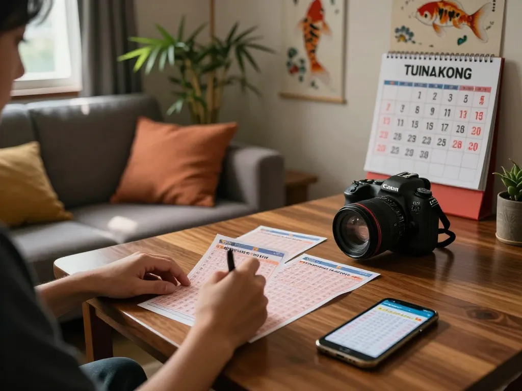 Engaged lottery player marking HK ticket with smartphone and lucky symbols in cozy home.