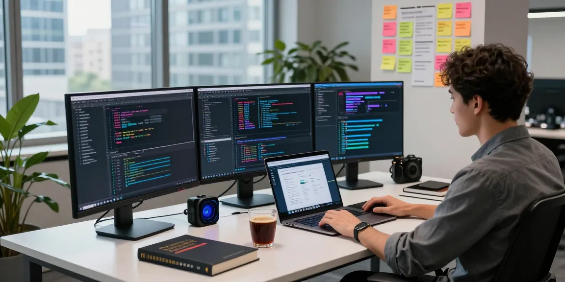 Software developer coding at a modern workspace featuring dual monitors, showcasing romulus.digital technology solutions in action.