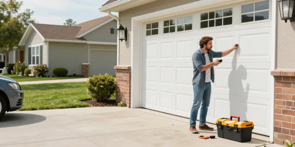 A homeowner frustrated as the garage door won't open, examining it with tools and an opener remote.