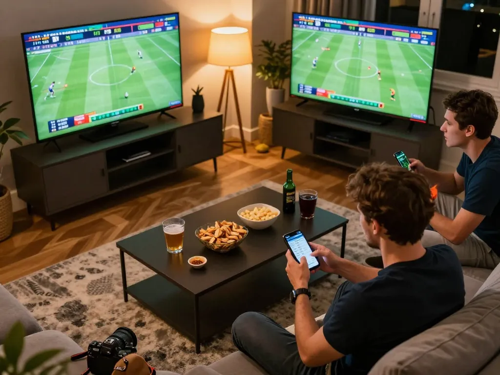 Bongdalu sports betting enthusiast analyzing live scores on smartphone at home.