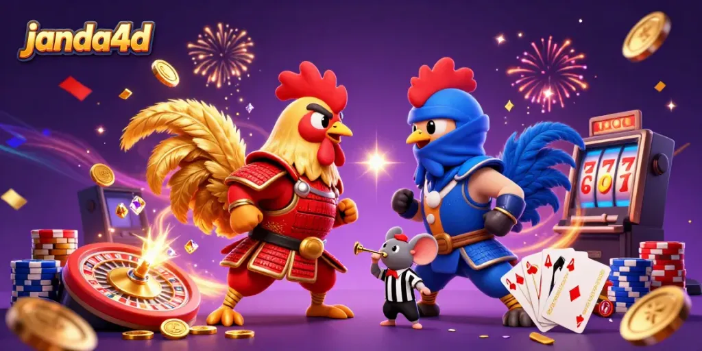 Janda4d menghadirkan aksi seru antara ayam jantan berperang yang dipenuhi koin emas dan permainan slot dalam latar belakang meriah.