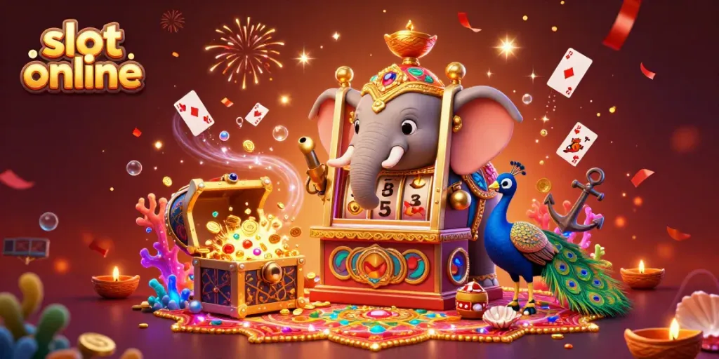 Experience the thrill of slot online with a vibrant elephant and peacock in this dynamic illustration.