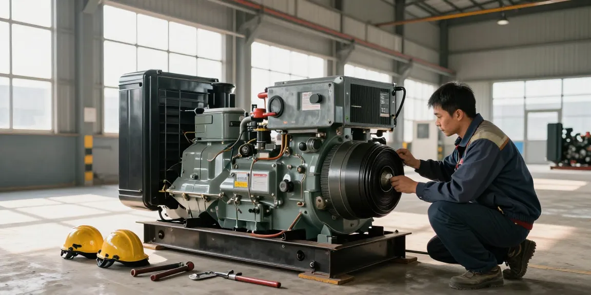 Diesel generators maintenance in industrial setting showing technician and tools.