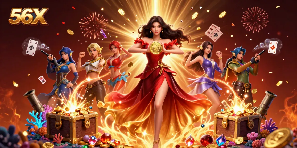 Experience the thrill of winning at 56X with golden coins raining down in a dazzling illustration.
