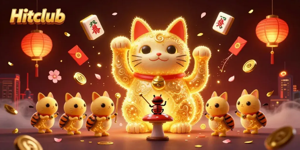 Experience the Hitclub gamified atmosphere with a lucky cat animated by fireflies and festive casino symbols.