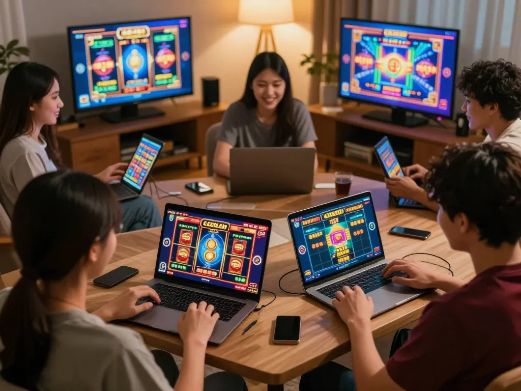 Engaging in a thrilling slot gacor game online, players enjoying a virtual casino experience at home.