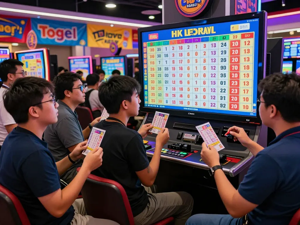 Excited players at Togel Hongkong venue eagerly watching HK live draw results.