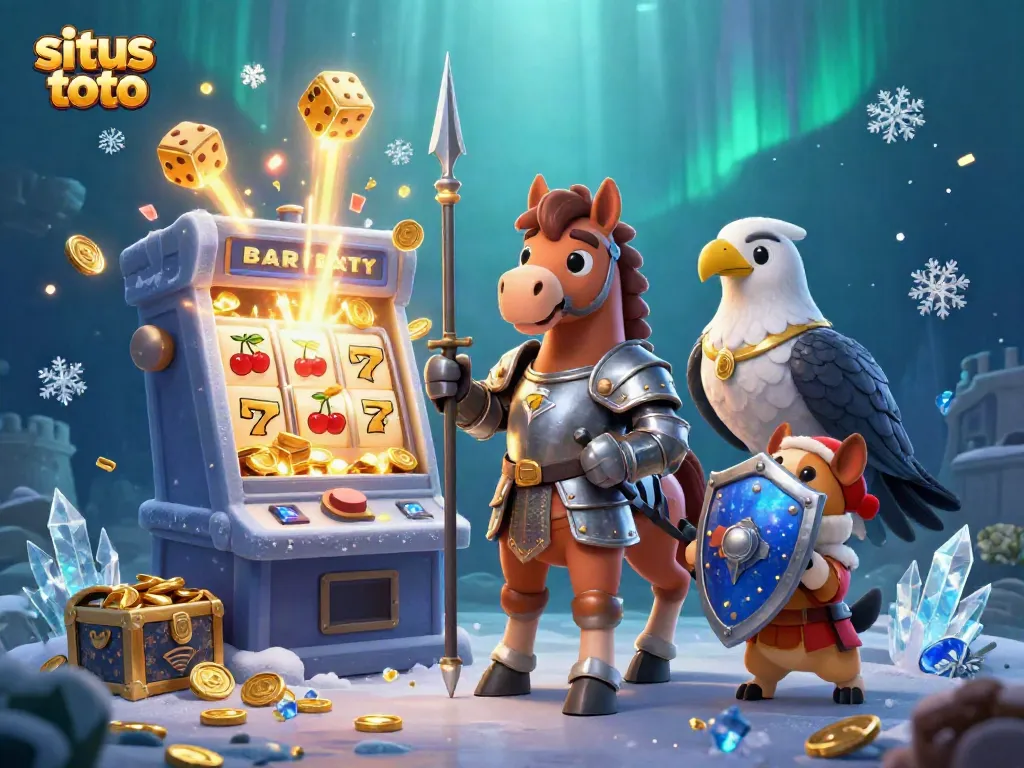 Experience exciting gameplay with situs toto, featuring a knight, lucky symbols, and golden coins in a vibrant casino environment.