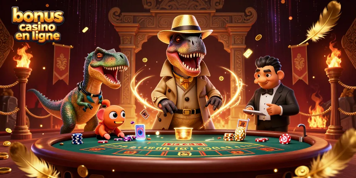 Bonus casino en ligne : scène animée avec un vélociraptor comptant des cartes à une table de blackjack.