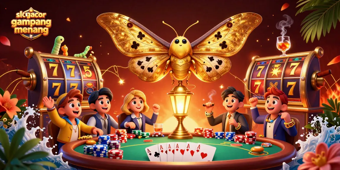 Engaging scene of a slot gacor gampang menang theme with vibrant casino elements and games, featuring a golden moth and rich details.