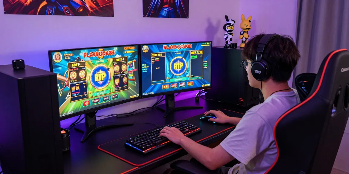 Engaged player at gaming setup showcasing playbook88 link in vibrant online gaming atmosphere