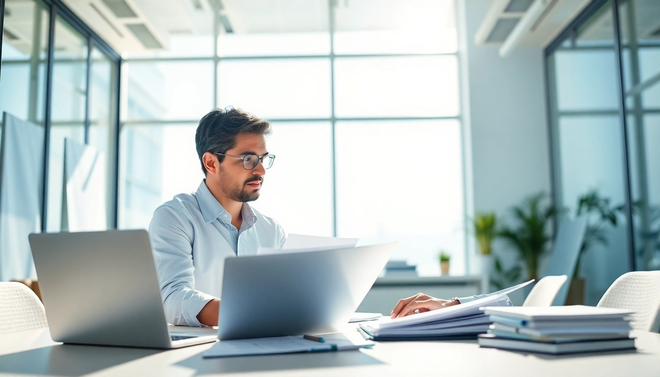 Consultant examining registration and certification in Federal databases for federal contracts paperwork, showcasing professionalism.