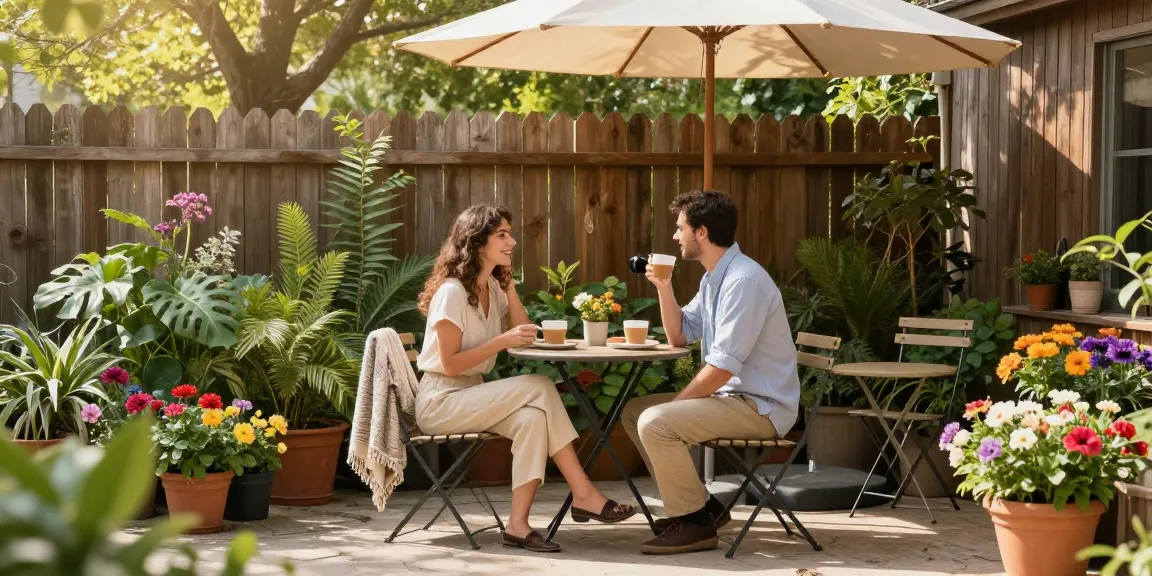 Stylish small patio furniture sets create a cozy outdoor coffee scene.