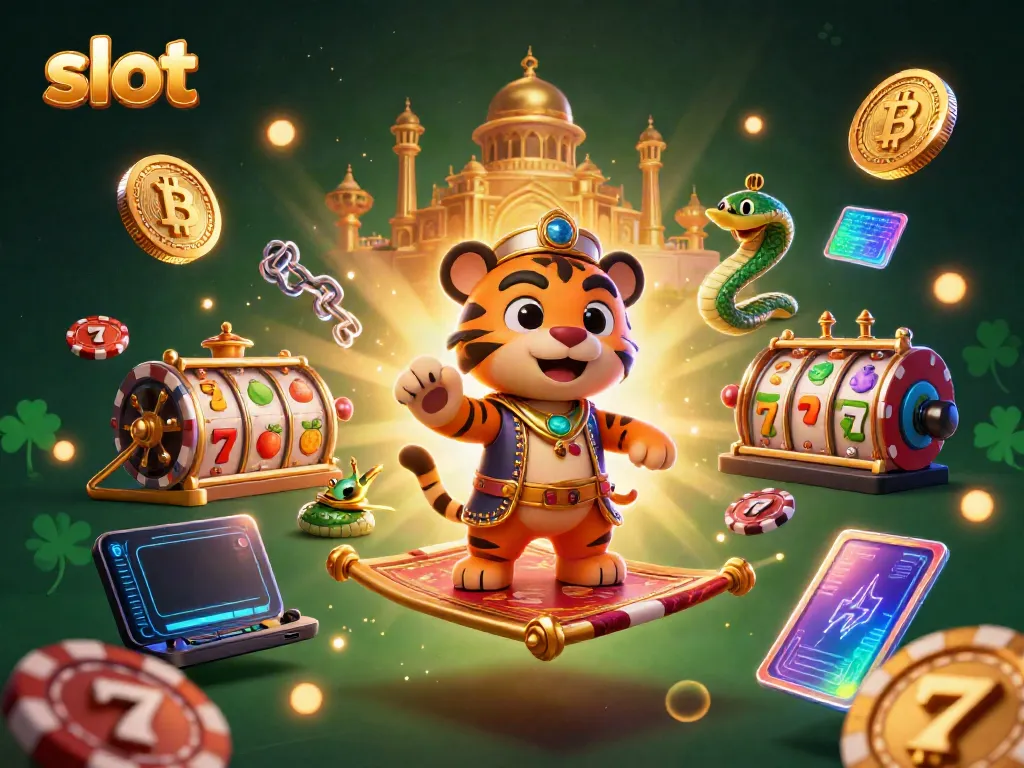 Menang besar dalam slot dengan sultan harimau dan simbol keberuntungan berkilau.