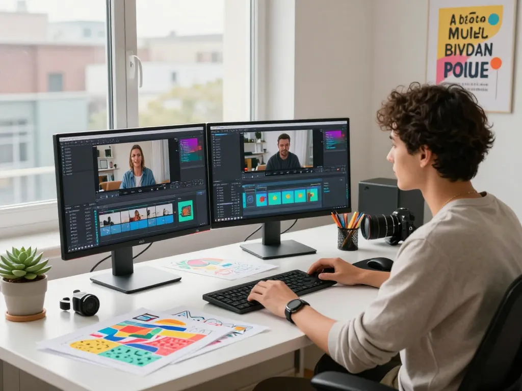 Video to prompt generation in a creative workspace with dual monitors and vibrant artwork.