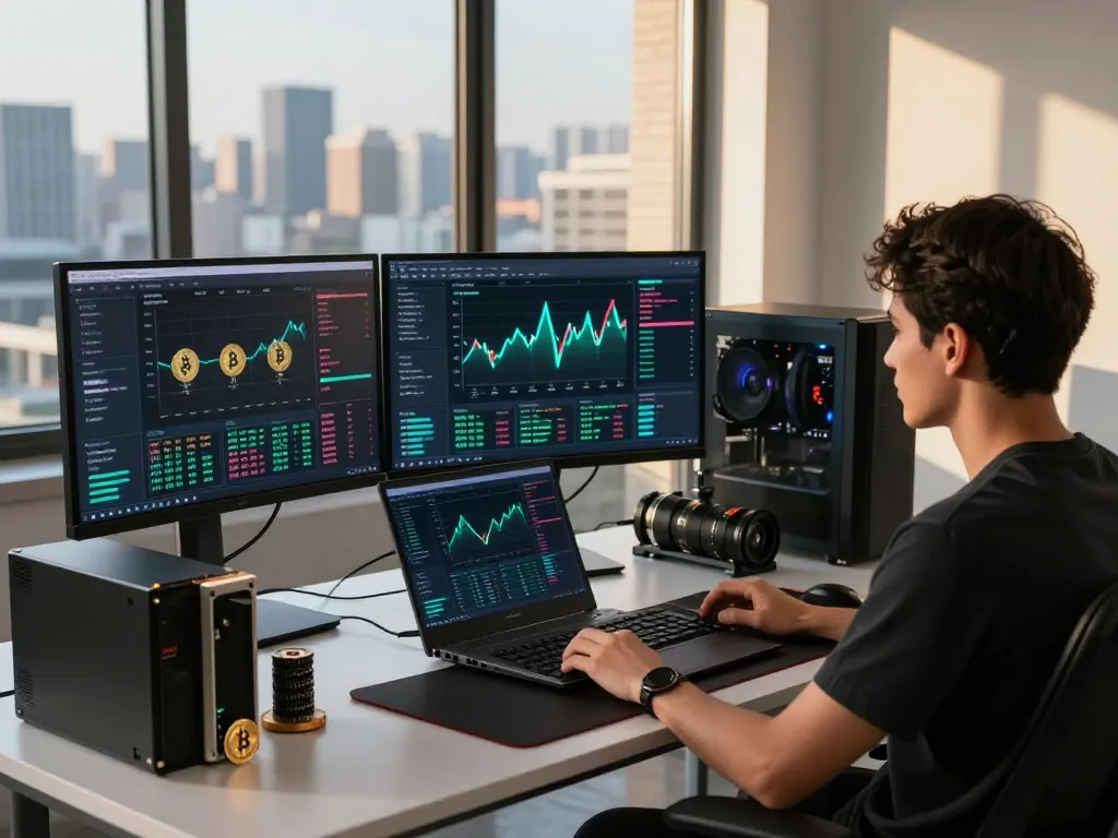 crypto cloud mining platform workspace with multiple monitors and mining hardware