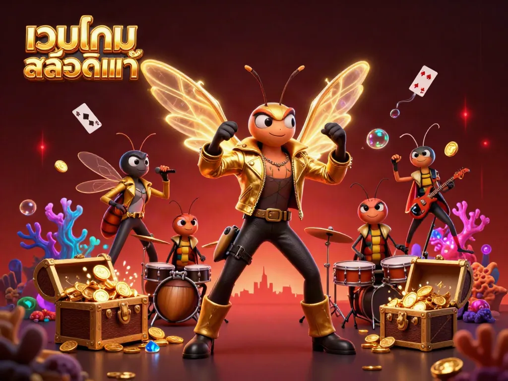 Engage in thrilling gameplay at เว็บเกมสล็อตแท้ with a dynamic cicada rock star, beetle drummer, and glowing treasures.