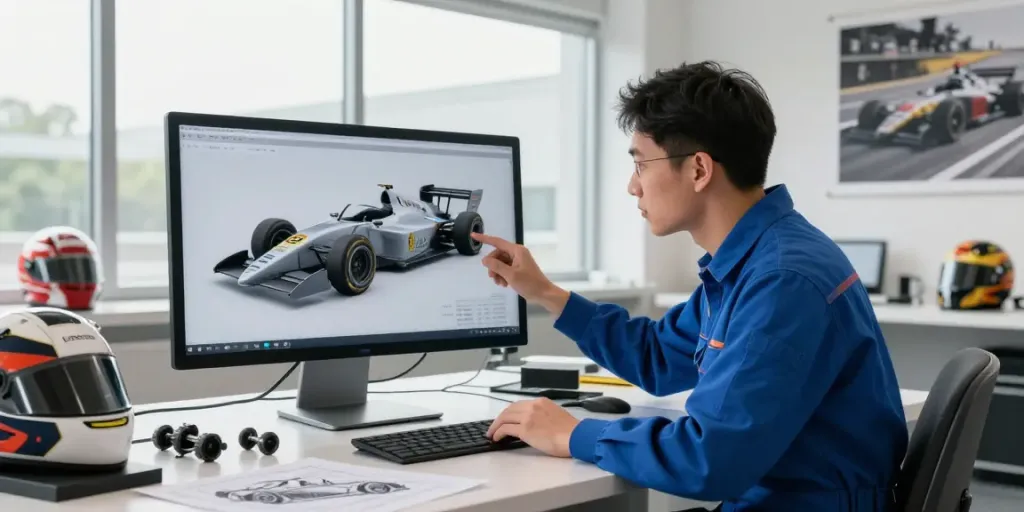 Desain studio mobil balap modern dengan insinyur meneliti model 3D Lotus 88.