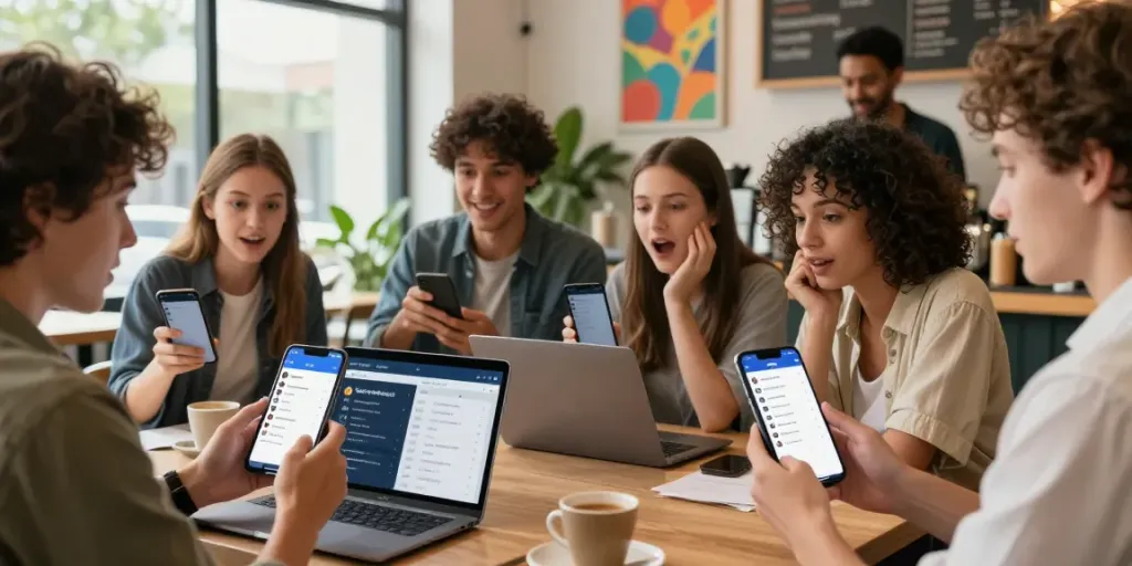 Engaged users utilizing the приложение для предсказаний app in a modern café, showcasing prediction market interaction.